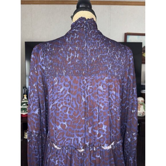 Purple Leopard Print Smocked Mini Dress Long Sleeve High Neck Peasant MEDIUM - Picture 8 of 11